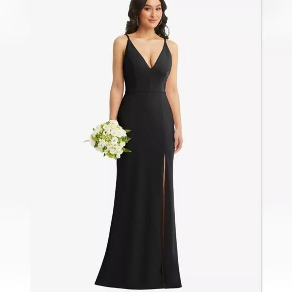 Thread Skinny Strap Deep V-Neck Crepe Trumpet Gown Front Slit Size 8 New Black - Picture 11 of 11